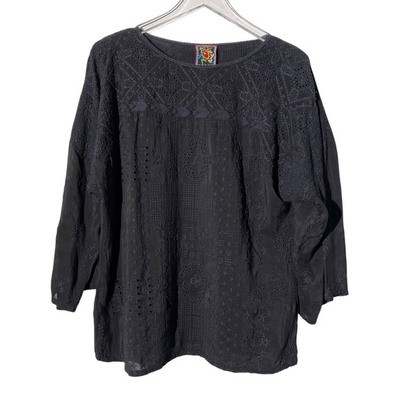 Johnny Was Tops - Johnny Was Womens Embroidered Top Round Neck Lightweight Tunic Size XS Black